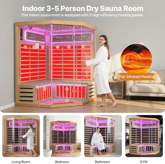 Infrared Sauna for 4-5 Person Canadian Hemlock Far Infrared Saunas Low-EMF Home Indoor Dry Saunas with Red Light Therapy 7 Color Ceiling Lights Fast Heating Easy Assembly 59 * 59 * 74.8"