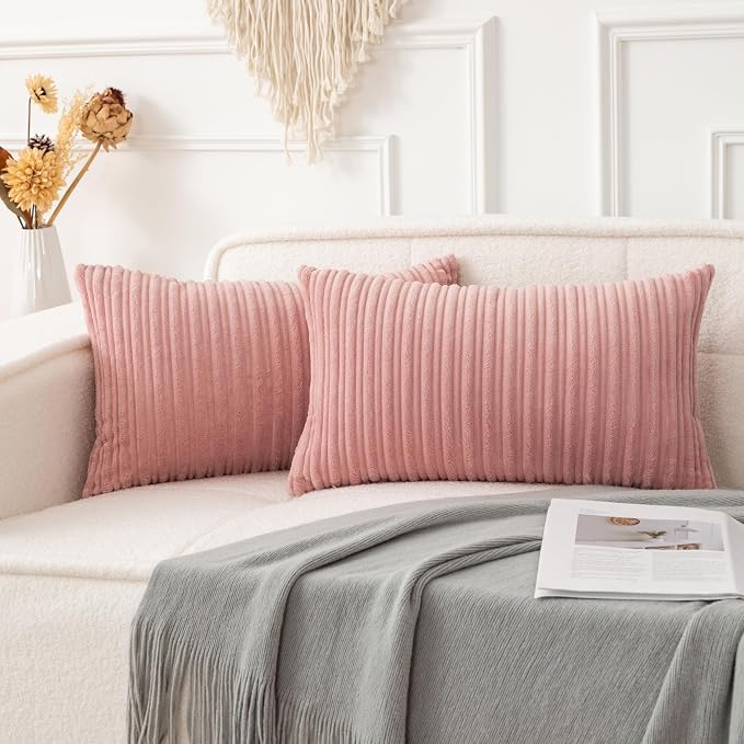 UGASA 12x24 Inch Pillow Cover Pack of 1 Valentine's Day Soft Boho Stripe Corduroy Long Rectangular Lumbar Cushion Cover Decorative Throw Pillows for Bed, Couch, Sofa, Bedroom, Living Room, Baby Pink