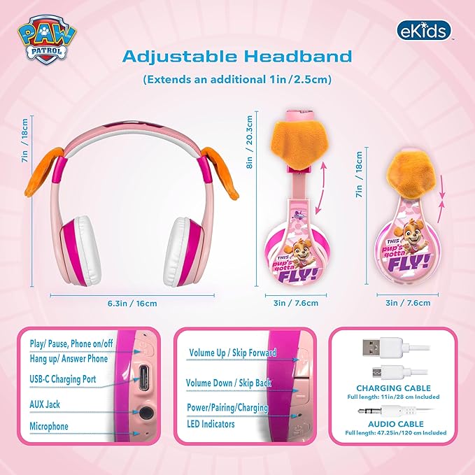 eKids Paw Patrol Skye Liberty Bluetooth Headphones for Kids, Wireless Headphones with Microphone Includes Aux Cord, Earphones for School, Home, or Travel (Paw Patrol Skye Liberty)