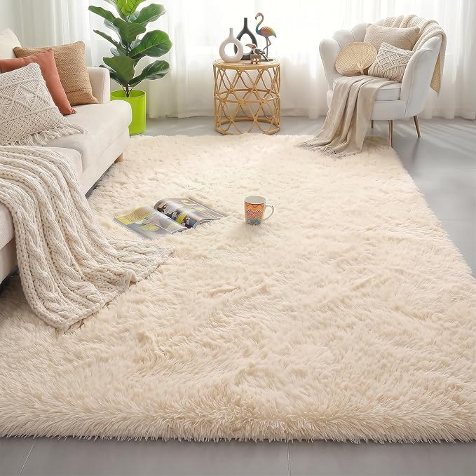 Amdrebio Beige Area Rugs for Bedroom Kids Room, Fluffy Plush Shaggy Furry Fuzzy Rug 4x6 for Living Room Decor Aesthetic, Soft Cute Shag Neutral Tan Carpet for Teens Baby Nursery Playroom Preppy Dorm