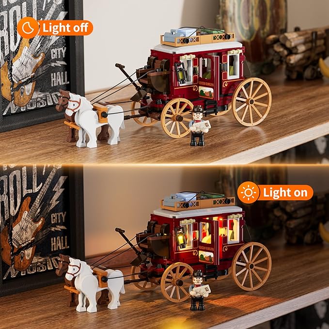 FUNWHOLE Western Stagecoach Lighting Building-Bricks Set - Old West Carriage and Horse 293 Pcs Collection Display Set for West Lovers
