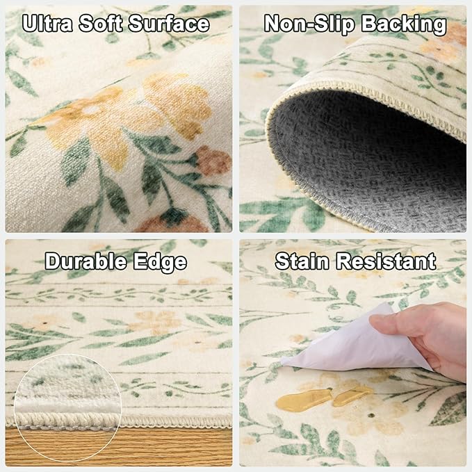 Round Area Rug for Living Room: 8 ft Floral Washable Circle Rug Soft Boho Non-Slip Carpet Indoor Floor Stain Resistant Low Pile Small Circular Rug for Bedroom Entryway Kitchen Nursery Beige/Multi