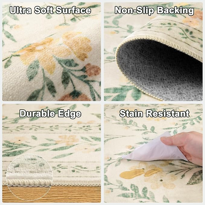 Runner Rug for Entryway: 2.6x14 Kitchen Rugs Non Slip Washable Ultra-Thin Soft Floral Carpet Indoor Floor Stain Resistant Carpets for Hallway Bedroom Kitchen Laundry Bathroom Dorm Beige/Multi