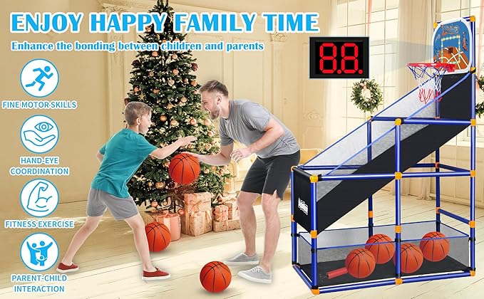 LED Arcade Basketball Game Set w/Electronic Scoreboard for Kids, Boy Toys Basketball Hoop with 4-5 Balls for 3-12 Years Old, Adjustable Height w/Pump & Storage Net for Indoor Outdoor Sports Play