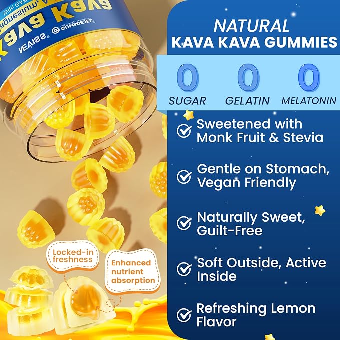 Kava Kava Gummies for Calm, Relaxation & Natural Sleep | w/GABA, Ashwagandha, Magnesium, Vitamin B6 D3 | High Potency Kava Root Extract Supplement | Sugar-Free, Melatonin-Free, Vegan 60 Ct
