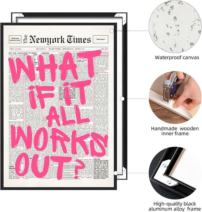What If It All Works Out Poster Retro Newspaper Pink Wall Art Positive Affirmation Quote Minimalist Canvas Painting Prints Wall Decor Aesthetic for Home Bedroom Office 8x12inch Black Aluminum Frame