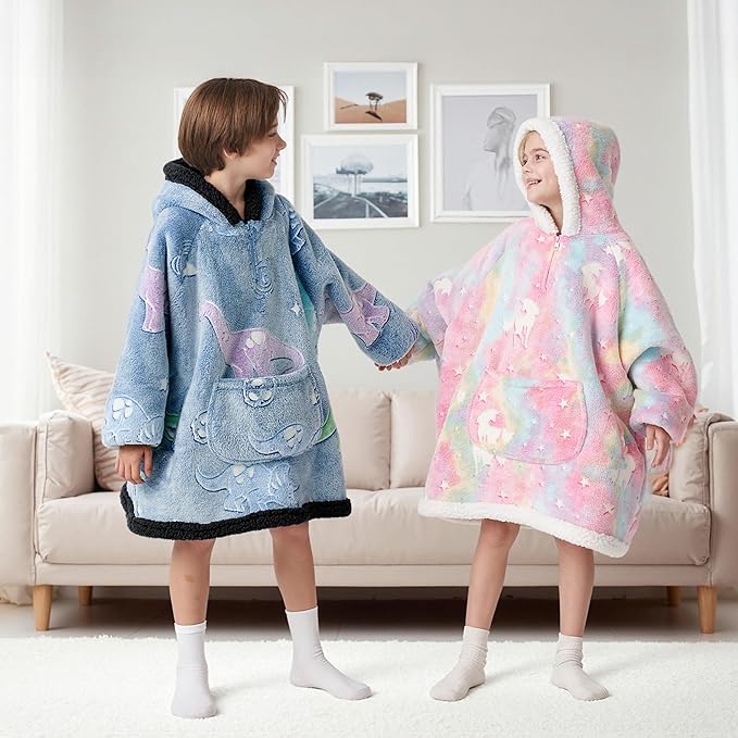 Giggling Getup Glow in The Dark Wearable Blanket Hoodie for Girls and Boys Warm Cozy Sherpa Fleece Hooded Blanket Sweatshirt Oversized Hoodie with Giant Pocket & Sleeves for Kids Blue Dinosaur Glow