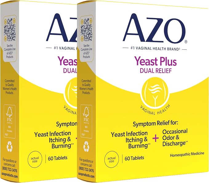 AZO Yeast Plus Dual Homeopathic Yeast Infection Symptom Relief for Women–Vaginal Itching & Burning + Odor & Discharge, Intimate Health Tablets, 2 Pack (60 Count x2), from the #1 Vaginal Health Brand!