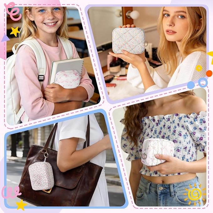 Period Bag for Teen Girls, Quilted Sanitary Napkin Storage Bag, Cute Menstrual Pad Pouch Tampon Holder (Pink Bunny)