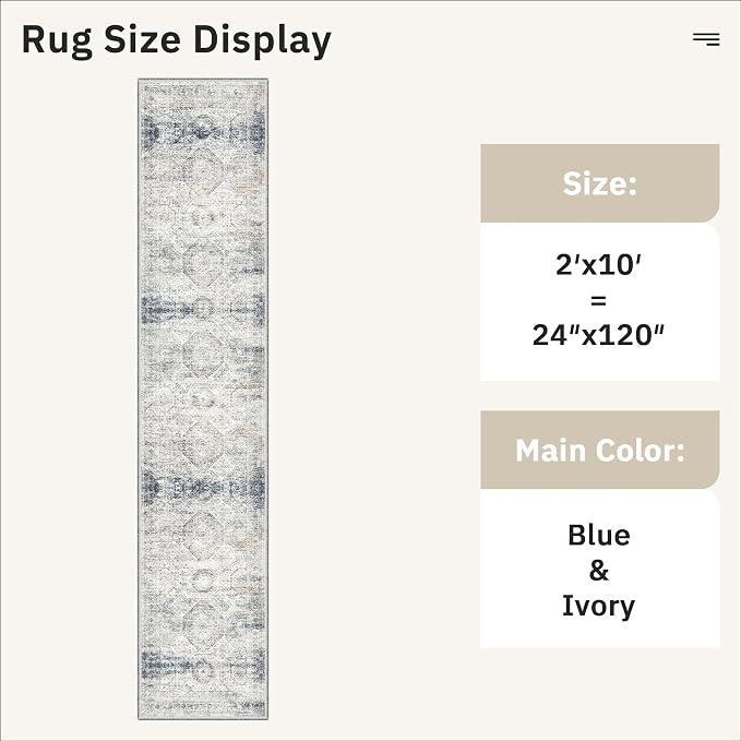 Soalmost Runner Rug 2x10 Washable Hallway Kitchen Runners Blue/Ivory | Non-Slip Vintage Rugs for Bathroom Laundry Room, Soft Low Pile Foldable Floor Carpet Mat for Entryway Corridor Bedroom