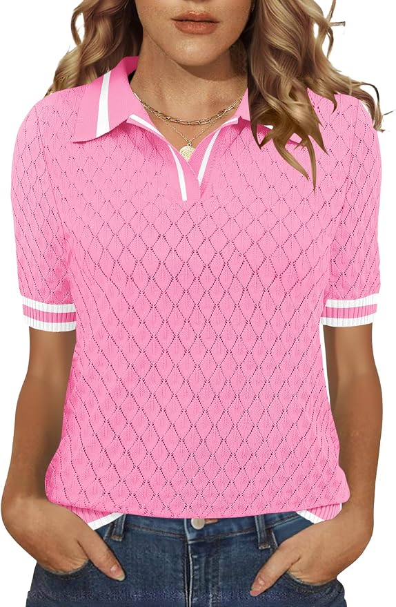 Rapbin Womens Short Sleeve Knit Polo Shirts Summer Spring Sweater Tops | Classic V Neck Collared Shirts Lightweight Business Casual Basic Fashion Pullover Polo Sweater for Work Formal Daily Wear