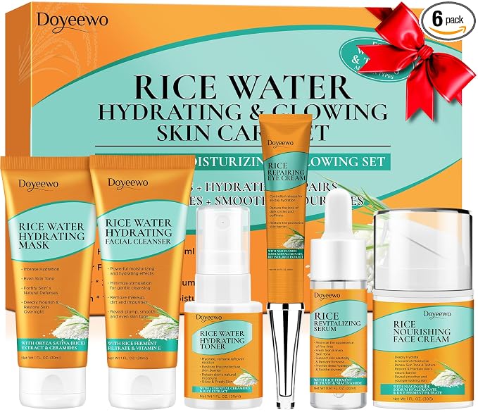 Skin Care Set w/Korean Rice Extract for Hydration,Glow,Repair &Radiant Skin | 6Pcs Women Teen Glass Skincare Routine Kit Self Care Gifts for Women Mom Wife Teenage Girl Valentines Christmas Gifts