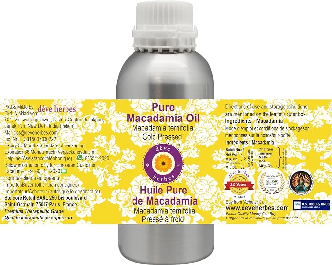 Deve Herbes Pure Macadamia Oil (Macadamia ternifolia) Cold Pressed 1250ml (42 oz)