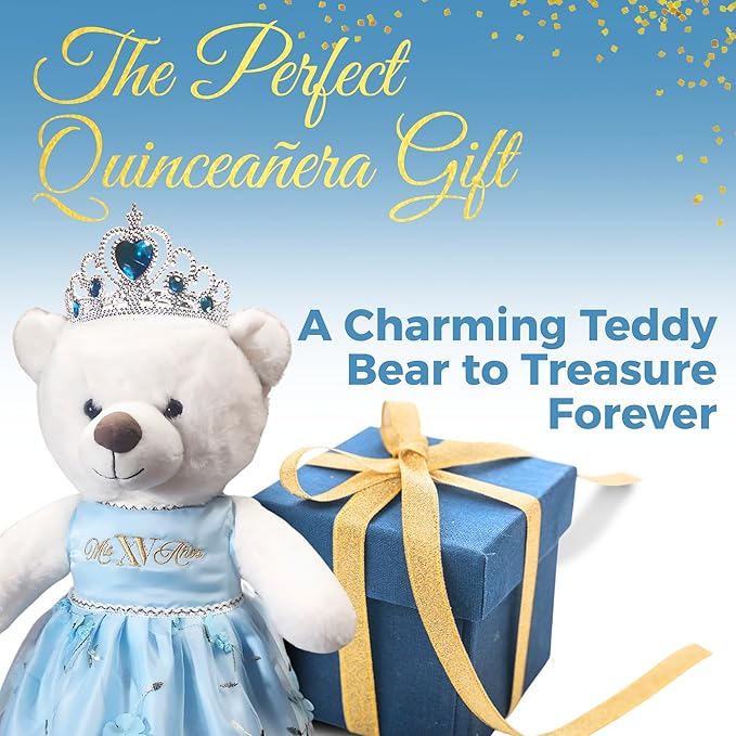 Quinceañera Teddy Bear 18-inches Tall with Dress for 15th Birthday, Quince Bear with Matching Crown, Ideal Keepsake for 15th Birthday, Mis XV Años - Light Blue