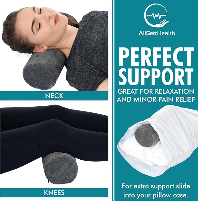 AllSett Health Round Cervical Roll Cylinder Bolster Pillow with Removable Washable Cover, Ergonomically Designed for Head, Neck, Back, and Legs, Grey | 13"X 5"