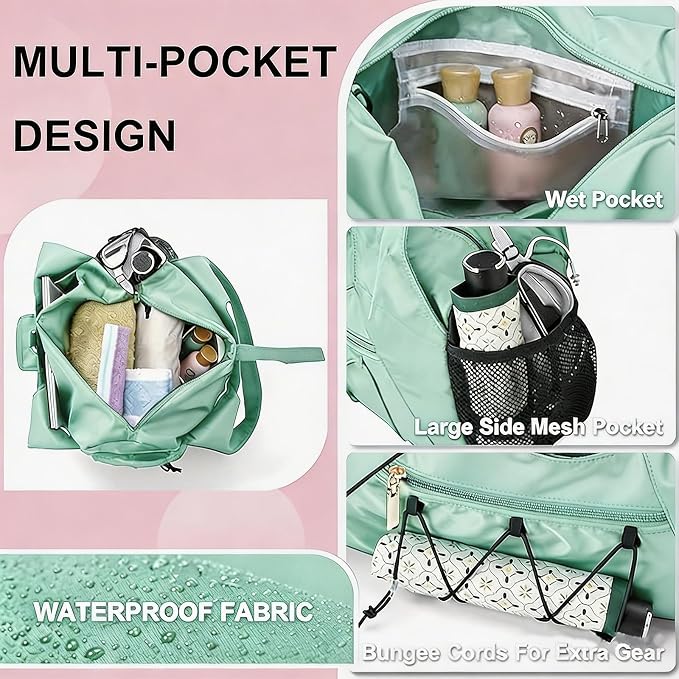 Gym Bag for Women, Yoga Mat Bag with Shoe Compartment and Wet Pocket, Sport Yoga Gym Bag with Yoga Strap, Carryall Yoga Tote Bag