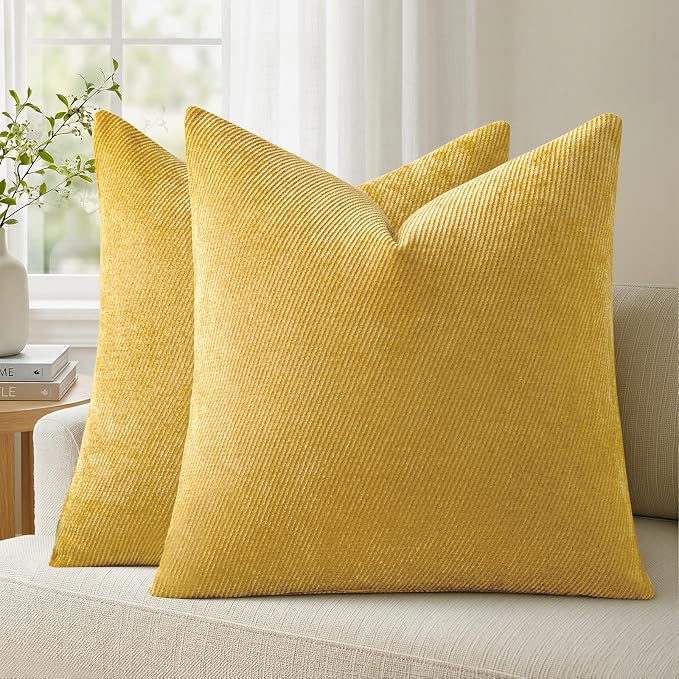 Fall Decorative Throw Pillow Covers Pack of 2,18x18 Inch Mustard Yellow | Twill Chenille Cushion Covers for Sofa Living Room Couch Bed