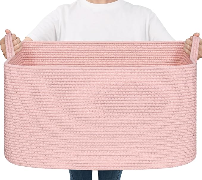 Goodpick Large Woven Rope Blanket Basket, Rectangle, Pink, 75L | 21.6'' x 14.9'' x 11.8'' Storage Basket for Toys & Blankets, Living Room, Bedroom & Nursery Organization, Reinforced Handles