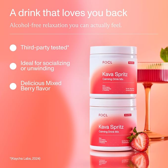 FOCL Instant Kava Drink Mix - Refreshing Non-Alcoholic Calming Powdered Drink with Kava Extract, Lion’s Mane, Ashwagandha, L-Theanine - Sugar Free, Non-GMO - Mixed Berry Flavor -30 Servings