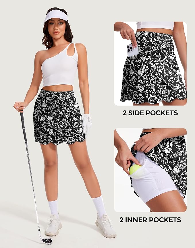 Skorts for Woman with Pockets 16" Golf Athletic Skirts Scalloped Hem Tennis Skirt Dressy Casual
