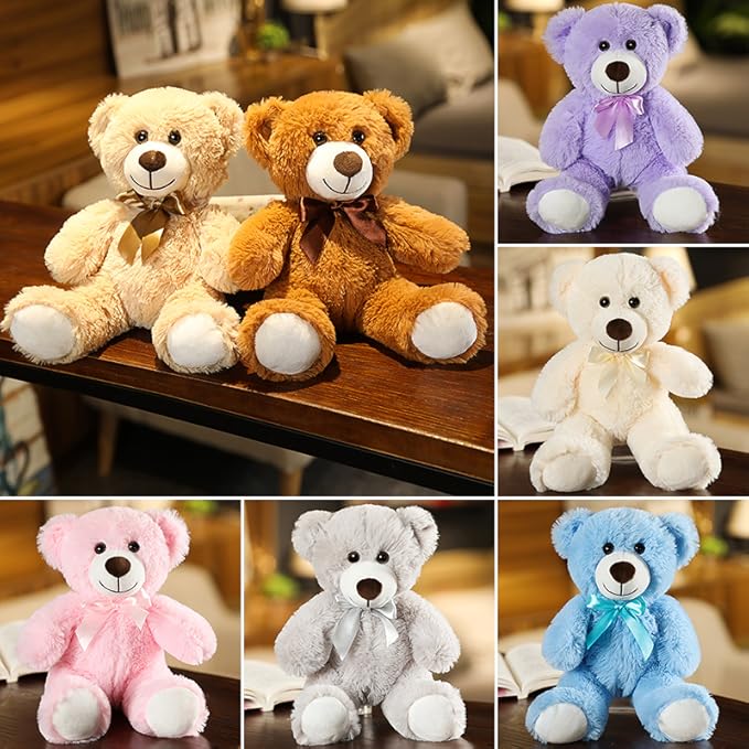 Plush Teddy Bear Cute Stuffed Animal Bear with Bow Plush Toys 13.8 Inches，Pack of 3 Bears (3 Khakis)
