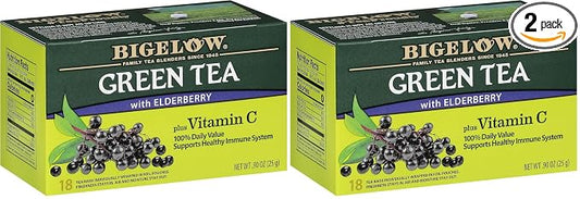 Bigelow Green Tea With Elderberry Vitamin C, Tea Bags 18 CT C 0.9 OZ (Pack of 2)