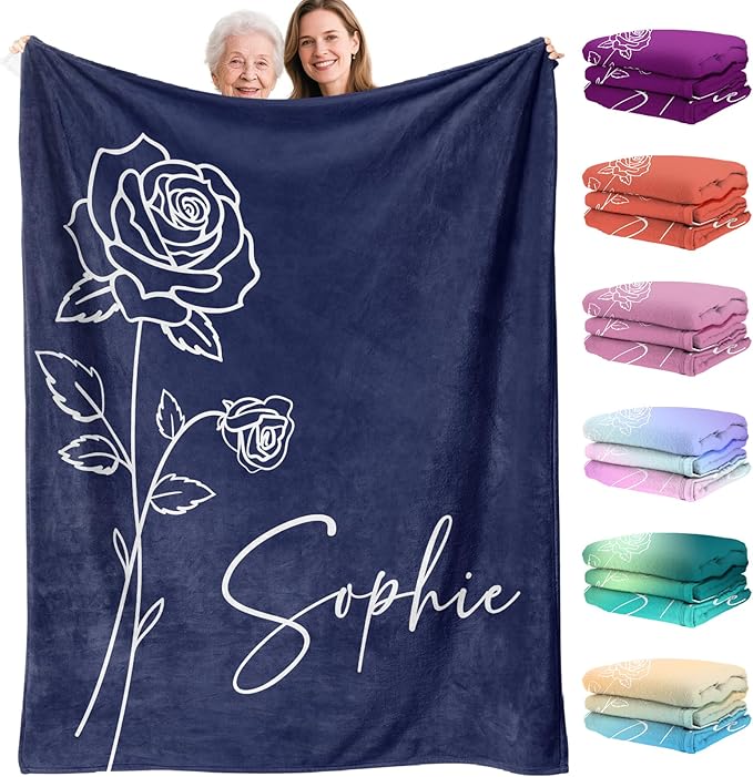 Custom Blanket Gifts for Mom, Personalized Name Blanket with Text Birth Month Flower, Personalized Gifts for Mom Grandma Women, Personalized Throw Blanket for Adults