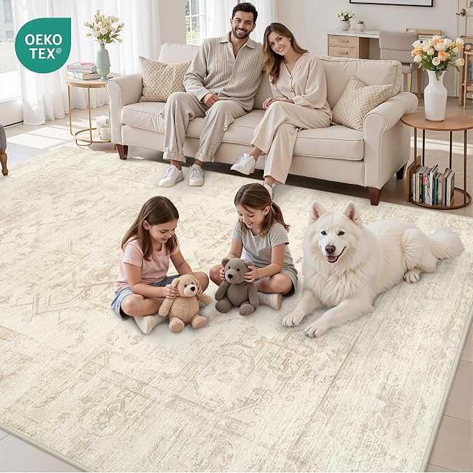 10x12 Area Rug for Living Room: Vintage Boho Neutral Washable Rug Indoor Soft Large Area Rug Carpet for Bedroom Nursery Farmhouse Dining Room Office Floor Non-Slip Low Pile Under Table Rug Beige/Brown