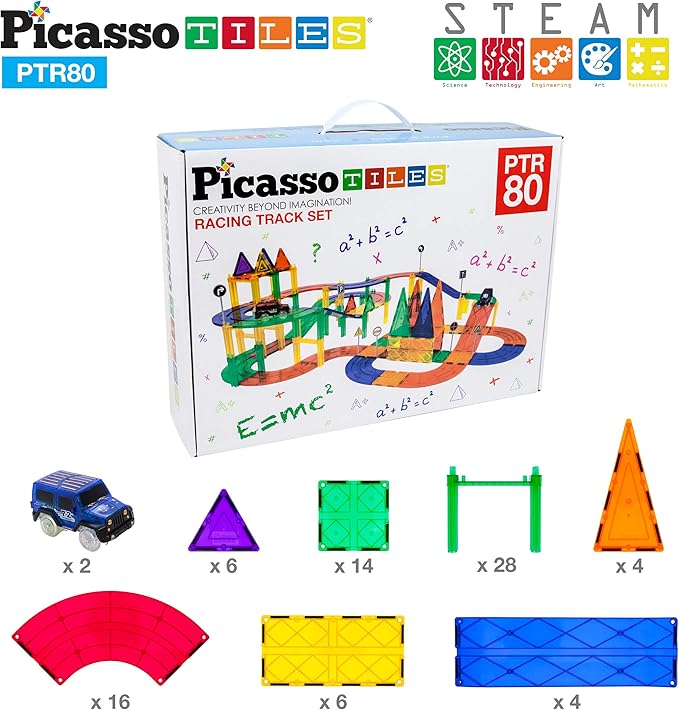 PicassoTiles 80pc Race Car Track Magnetic Tiles Building Block Educational Toy with 2 Light Up Cars Kids Toddler Toys Magnets Tile STEM Learning Construction Tracks for Fine Motor Skill Training PTR80