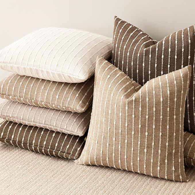 Foindtower Pack of 2 Decorative Jacquard Boucle Throw Pillow Covers Accent Textured Striped Pillowcases Soft Boho Modern Cushion for Couch Sofa Bedroom Living Room Home Decor 22x22 Inch Brown