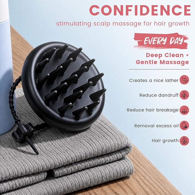 100% Silicone Scalp Massager,Scalp Scrubber for Hair Growth,Black | 1 PCS Gift Box,2 Seamless Hair Clips Included,Soft-touch Grip,Quick lathering,Anti-Dandruff, Wet & Dry Use for All Hair Types