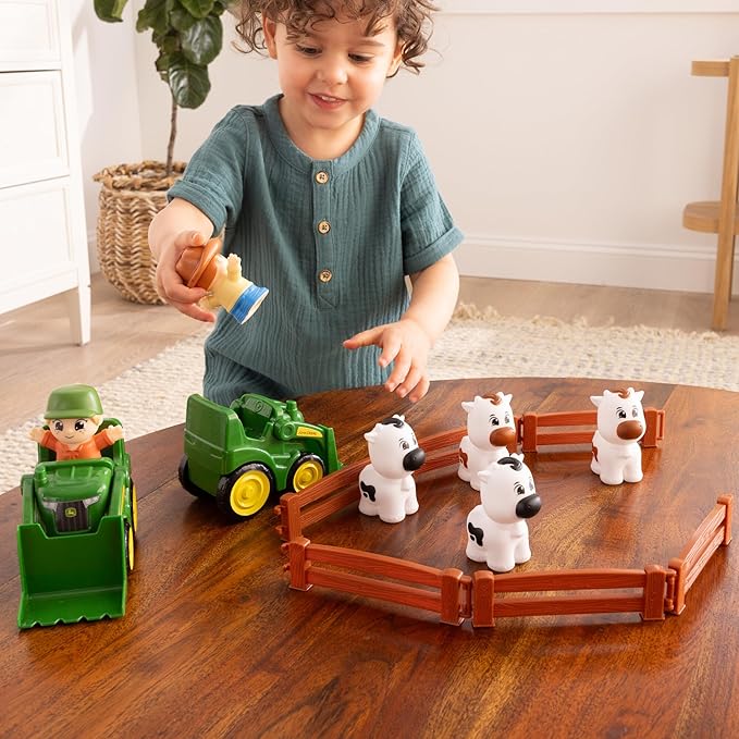 TOMY The Cows are Out! Farm Animal Playset - Preschool Farm Set with Tractors, Cows, Farmers & Fences - 14 Pieces - Ages 18 Months+