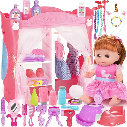 14" Baby Dolls Toy Playset with Wardrobe Bed, 37PCS Beauty Hair & Babies Doll Care Toy Set, Toddler Toys Pretend Play Doll Incl Hair Salon Kit, Dolls Clothes, Baby Gift for 3 4 5 6+ Year Old Girl Boy