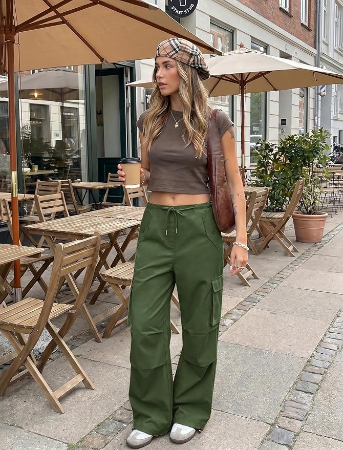 COPYLEAF Cargo Pants Women Low Waisted Parachute Pants with Pockets Loose Baggy Hiking Pants Y2K Clothes