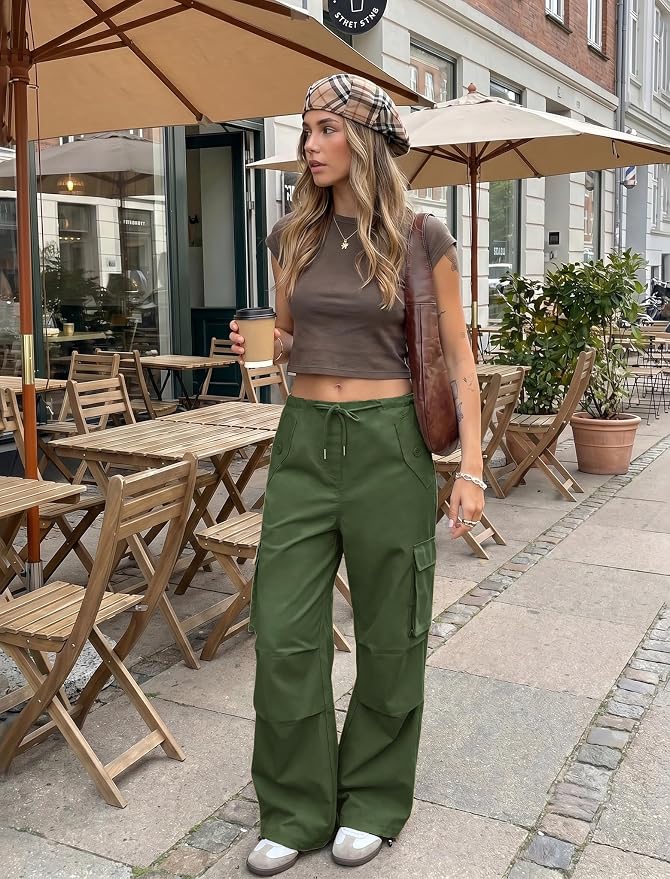 COPYLEAF Cargo Pants Women Low Waisted Parachute Pants with Pockets Loose Baggy Hiking Pants Y2K Clothes