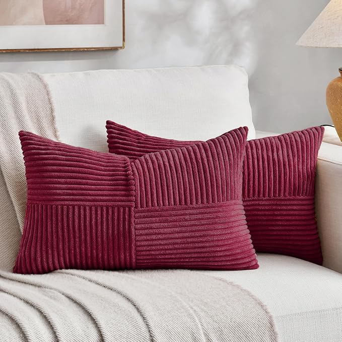 Fancy Homi 2 Packs Burgundy Lumbar Decorative Throw Pillow Covers 20x28 Inch for Living Room Couch Bed, Farmhouse Boho Home Decor, Soft Striped Corduroy Rectangle Accent Cushion Case 50x70 cm