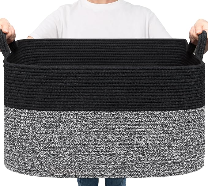 Goodpick Large Woven Rope Blanket Basket, Rectangle, Black & Gray | 21.6'' x 14.9'' x 11.8'' Storage Basket for Toys & Nursery Essentials, Living Room & Bedroom Organization, Reinforced Handles