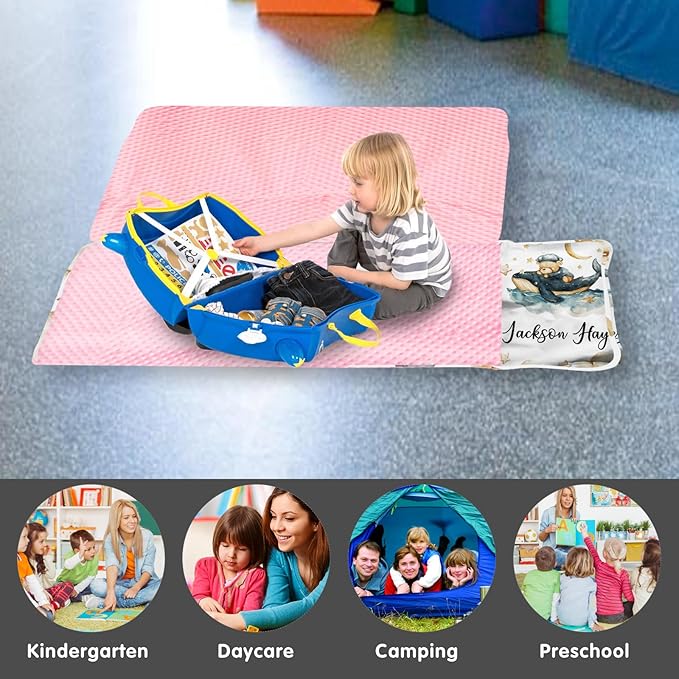 Personalized Toddler Nap Mat for Girls – Custom Name Kids Nap Mat – Daycare Sleeping Mats with Removable Pillow and Soft Minky Dot Blanket for Preschool, Travel, Kindergarten