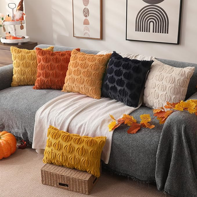 DFXSZ Fall Pillow Covers 12x20 2Pcs Yellow Pumpkin Fall Decoration for Home | Fall decor Set of 2 Throw Pillow Cases Soft Plush Faux Fur Wool Couch Cushion for Chair Sofa Bedroom Living Room Home Decor