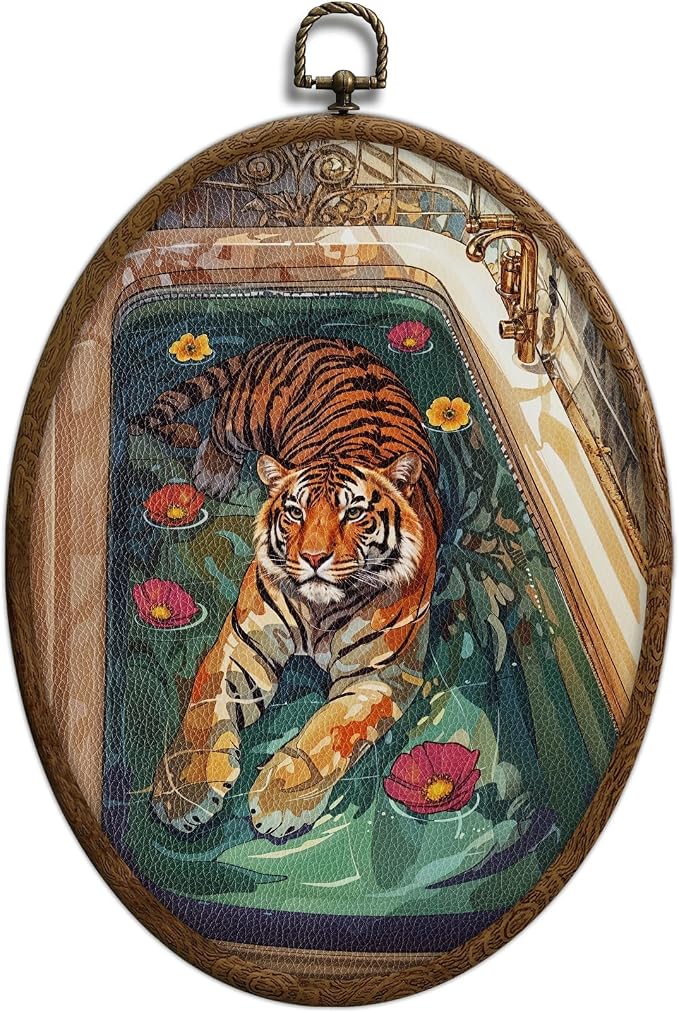 Vintage Tiger Oval Wall Art, Eclectic Tiger Wall Art, Funky Bathroom Decors, Waterproof Maximalist Bathroom Decor, Vintage Home Decor Aesthetic for Bedroom Living Room Home, 21
