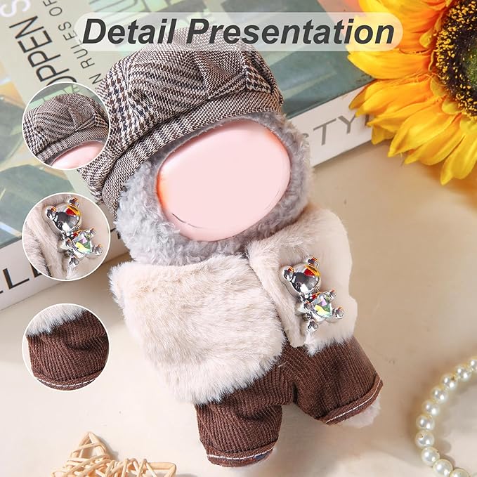 17cm Doll Clothes Set (No Doll) – Outfit with Hat & Overalls, Handmade Accessories for Mini Dolls, OB11-Compatible Dress-Up Gift (Hunter)