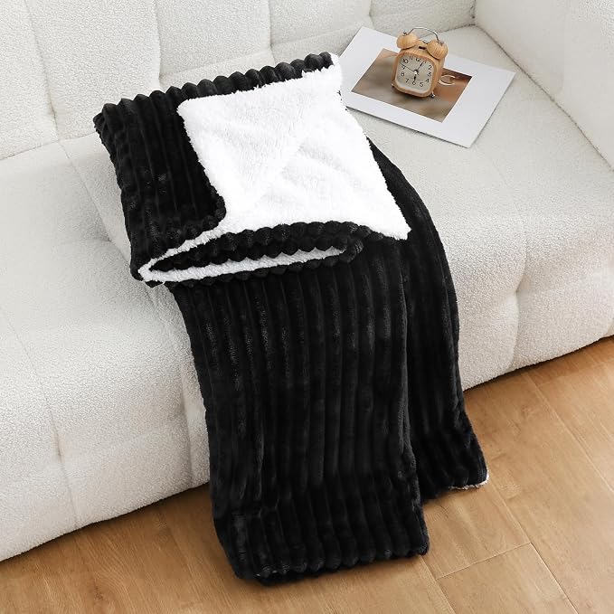 Black Sherpa Fleece Throw Blanket 60”×80” for Couch Sofa Bed | Double Side Soft Fuzzy Cozy Plush Thick Flannel Blanket with Striped Design Gift for Adults,Woman