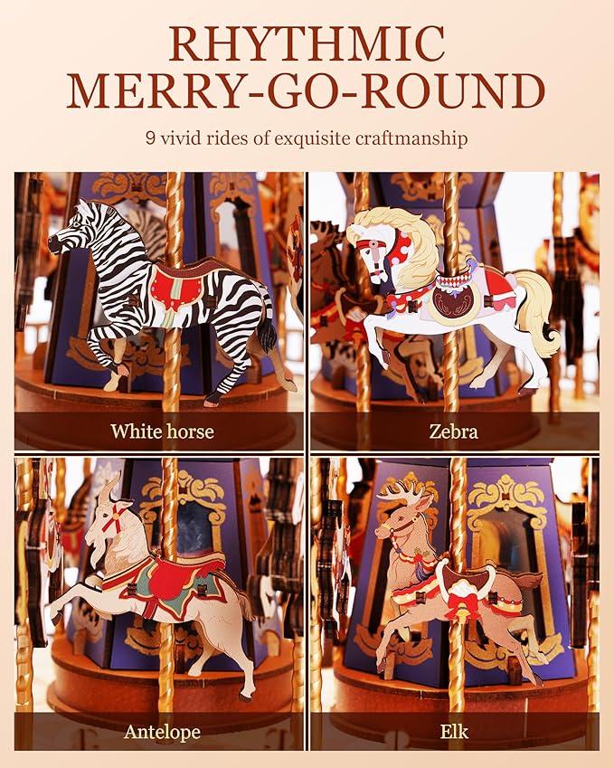 Rowood 3D Puzzles for Adults,Wooden Carousel Music Box for Adults,DIY Christmas Collectible Building Model Kit - Classic Carousel