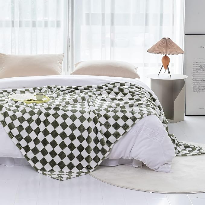 LOMAO Throw Blankets Flannel Blanket with Checkerboard Grid Pattern Soft Throw Blanket for Couch, Bed, Sofa Luxurious Warm and Cozy for All Seasons (Dark Olive, 60"x80")