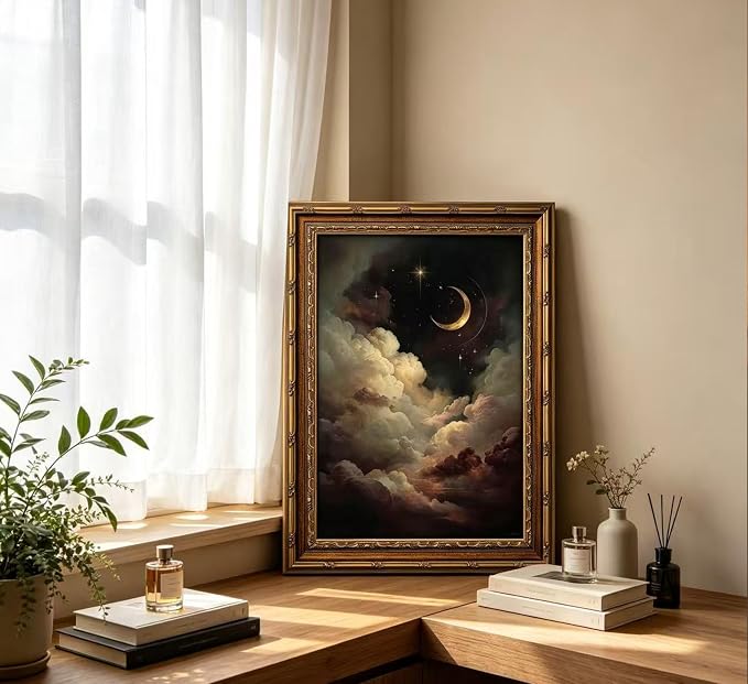 Vintage Gold Framed Celestial Wall Art, Moody Moon and Stars Gothic Painting Canvas Print, Dark Academia Wall Decor,Mystical Celestial Poster Artwork, for Living Room Bedroom Bathroom