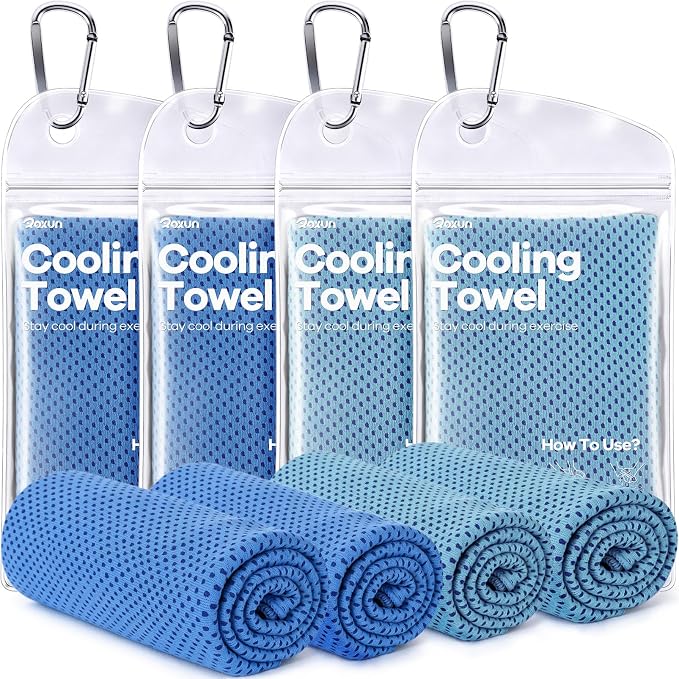 ROXUN 4 Pack Cooling Towels, 40''x12'' Soft Breathable Chilly Neck Ice Rags | Workout Running Golf 2 Blue+2 Grayish Blue