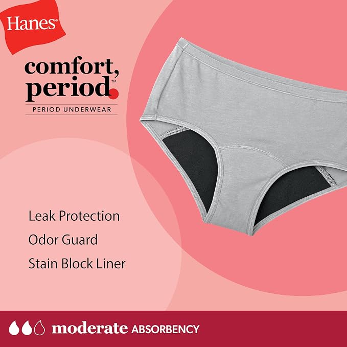 Hanes Girls' Period Underwear Boxer Briefs, Comfort Period Boxer Brief Panties for Girls, Moderate Protection