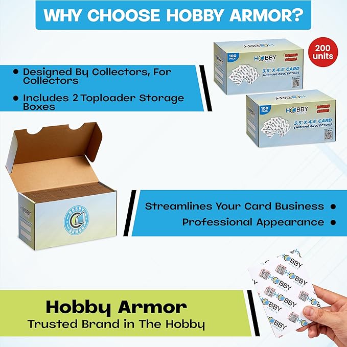 200 Pack Trading Card Shipping Protector by Hobby Armor, 3.5" x 4.5" with Rounded Corners, Vibrant Multi-Color Card Protector to Guard Cards From Dings, Premium Lightweight Cardboard Shipping Supplies