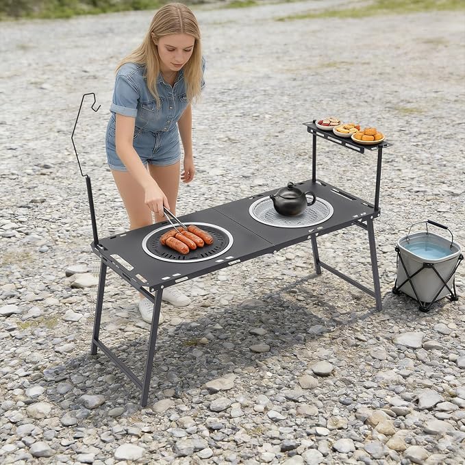 Portable Charcoal Grill Table, Folding Korean BBQ Camping Station with Dual Grill Racks, Frying Pan, Side Shelf & Lantern Stand, High-Carbon Steel for Outdoor Picnic, Barbecue & Travel