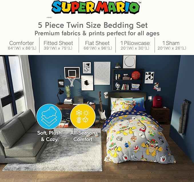Nintendo Super Mario Bowser Bedding Set, Twin Size 5 Piece Set Kids Super Soft Cozy Reversible Comforter and Sheet Set with Sham, (100% Officially Licensed Product) by Franco